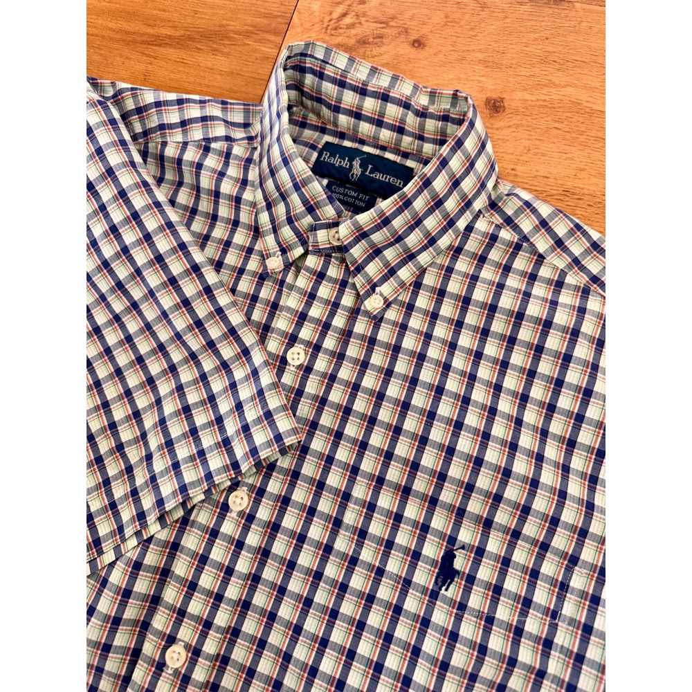 Ralph‎ Lauren Mens Custom Fit Plaid Short Sleeve Button Down Shirt Blue Green M